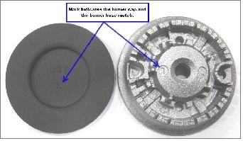 Matching burner base and underside of burner cap 